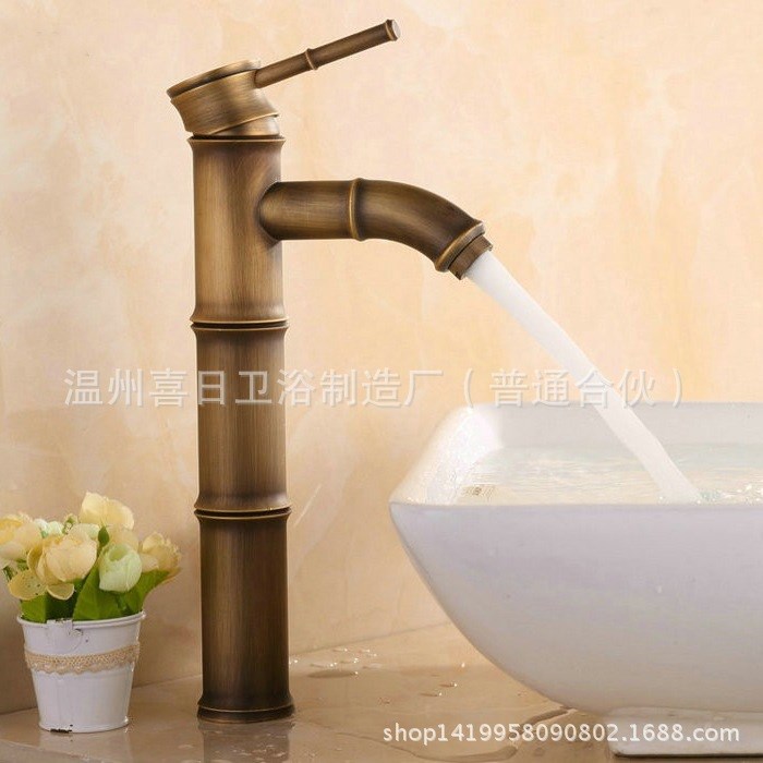 廠家直銷 出口歐美 冷熱面盆仿古黃銅雙節三節竹節水龍頭 批發