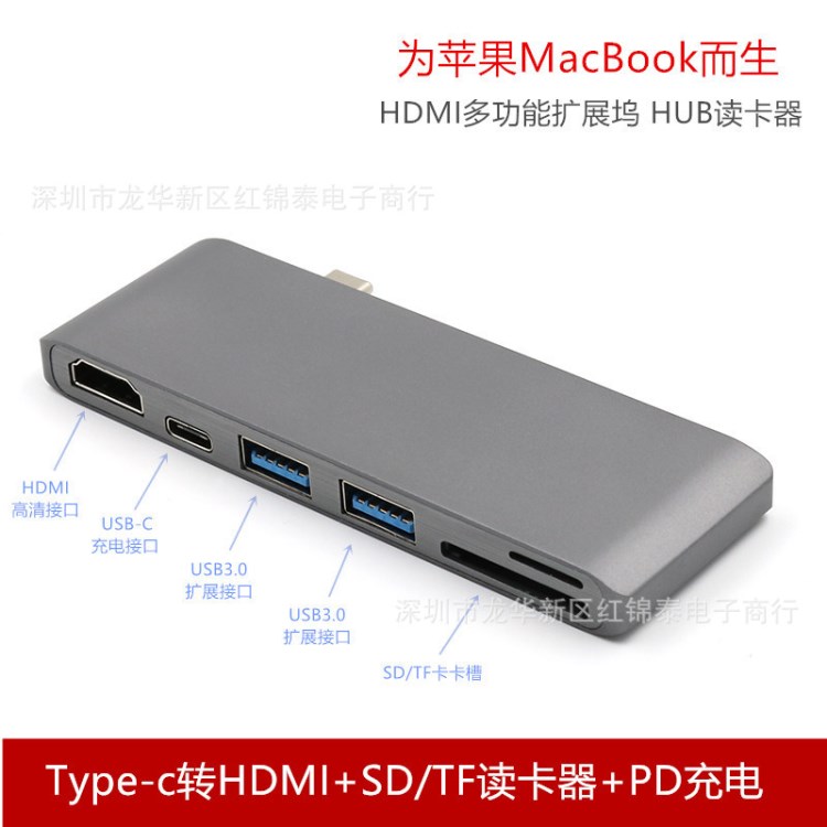 新款適用Mac Type-c轉(zhuǎn)HDMI同屏器SD/TF讀卡器多功能HUB充電擴(kuò)展塢