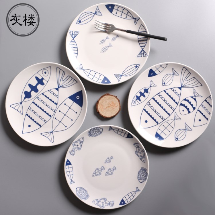创意陶瓷西餐牛排手绘鱼纹盘 8英寸家用菜盘圆盘子 批发礼品瓷