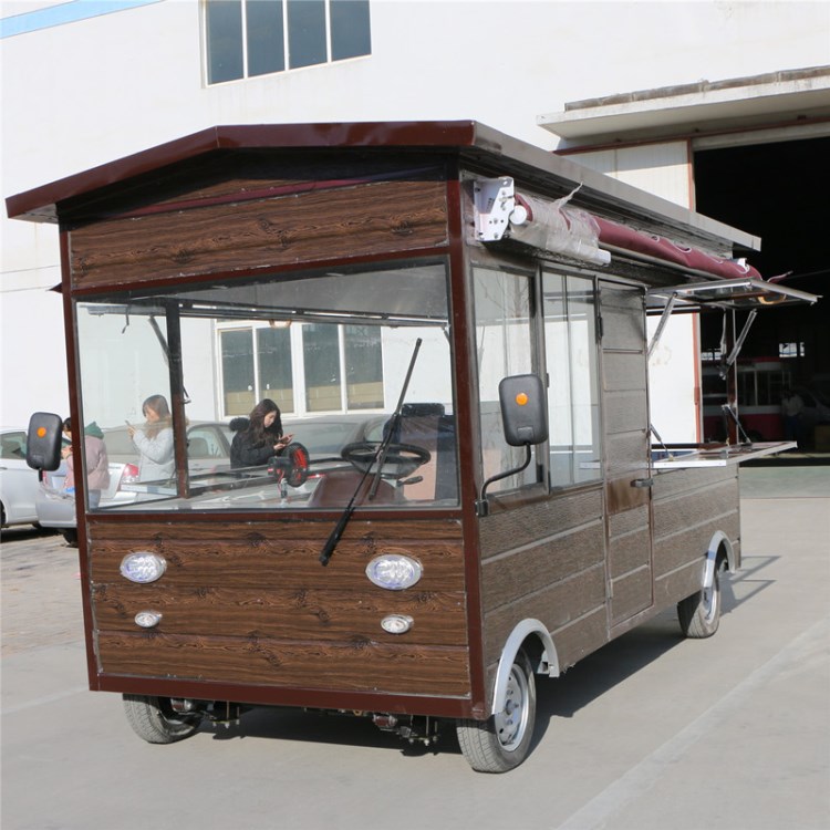 四輪仿古木屋餐車環(huán)保電動小吃車流動多功能美食餐飲車商品展示車