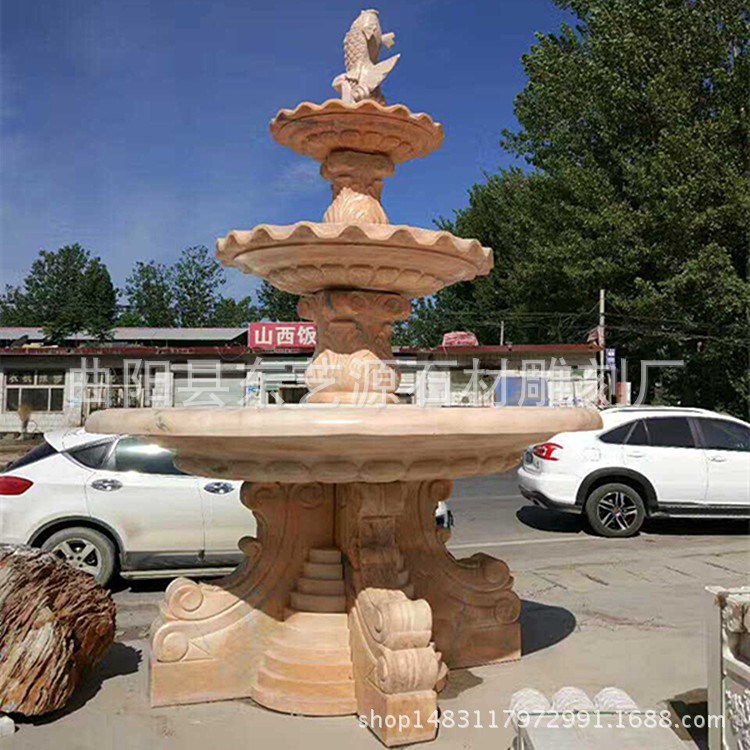 假山噴泉大理石晚霞紅跌水缽酒店花園大型雙層蓮花盆水池擺件