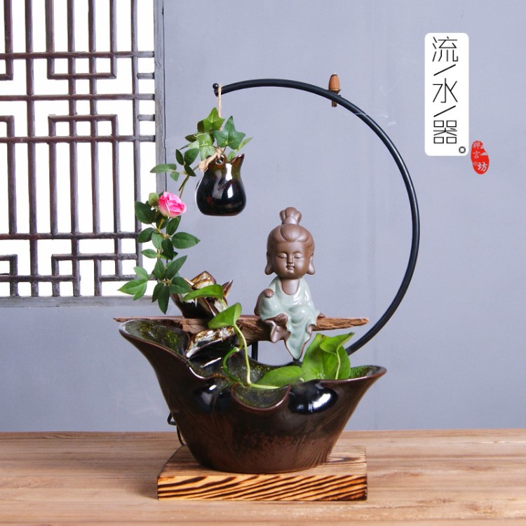 禪言坊招財(cái)陶瓷流水器擺件噴泉霧化加濕家居擺設(shè)工藝品倒流香三圣