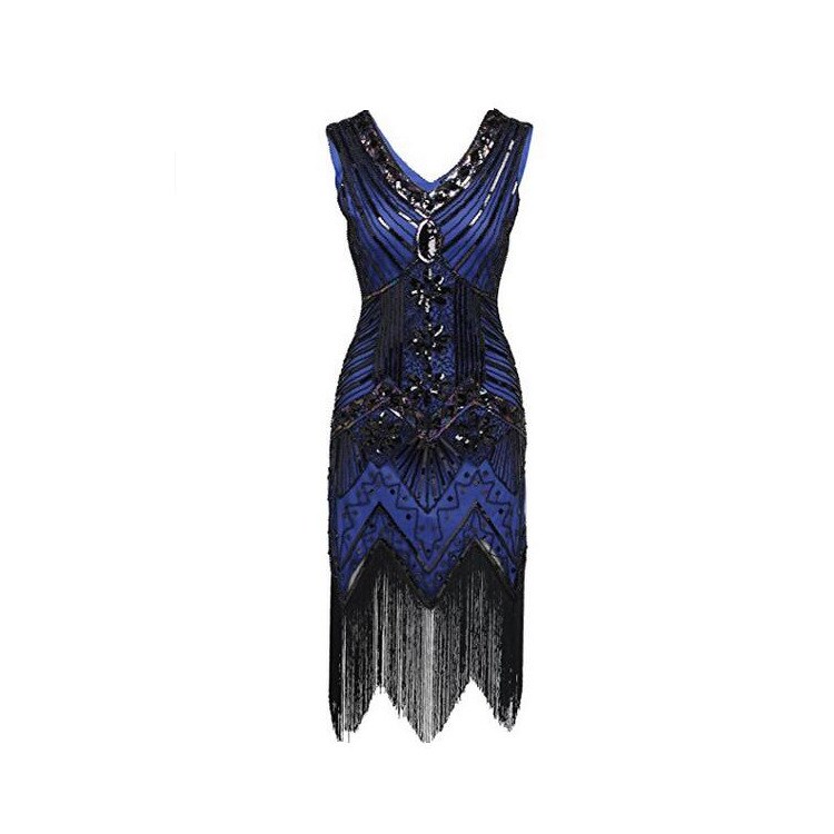 1920復古風亮片釘珠連衣裙前后V領時尚流蘇禮服 速賣通亞馬遜爆款