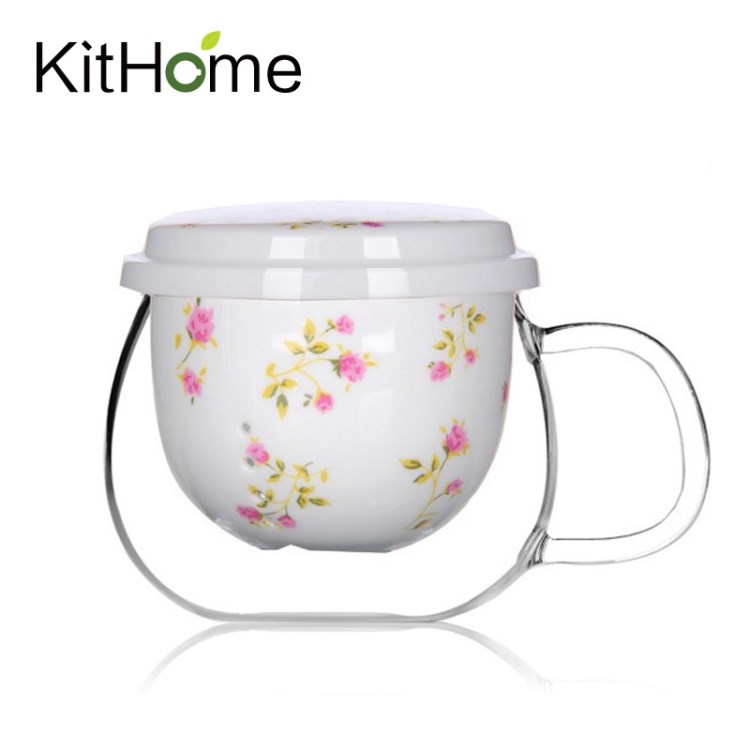 批發玻璃花茶杯 陶瓷濾膽帶蓋泡茶杯刻花耐熱玻璃杯禮品杯定制