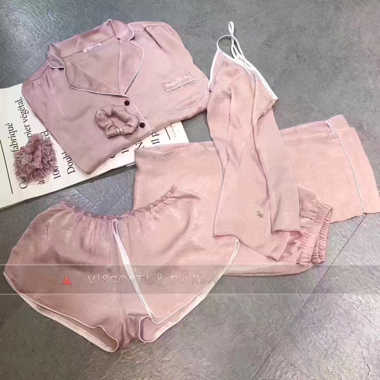 睡衣女七件套夏長袖短褲性感吊帶條紋冰絲綢家居服四季套裝女