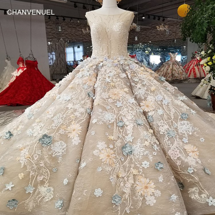 LS65499 圓領大蓬蓬裙彩色立體花朵定做尺碼新娘婚紗一米拖尾