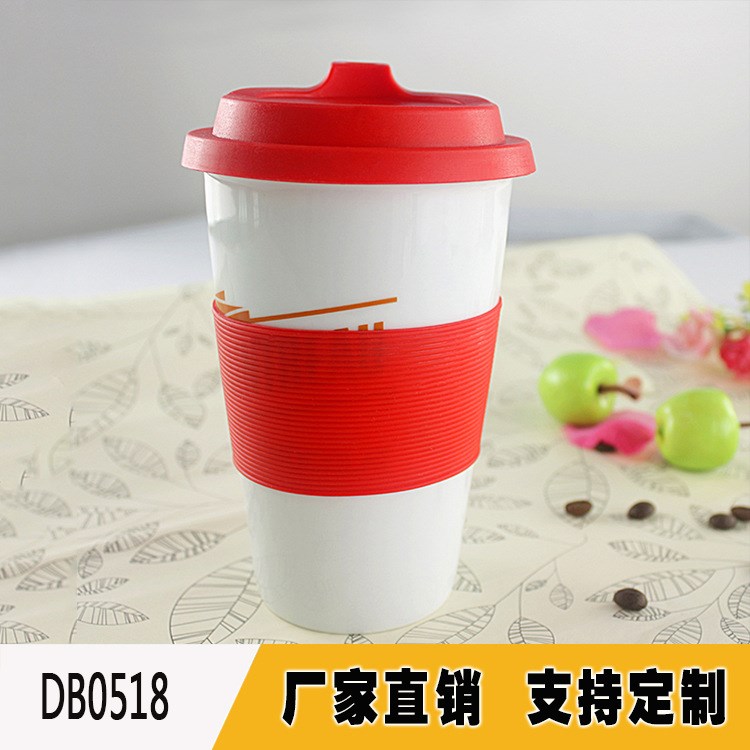 帶蓋雙層隔熱咖啡杯陶瓷杯子帶硅膠蓋子陶瓷雙層杯套裝定制logo