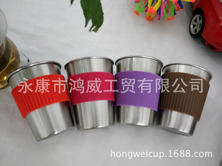 12oz不銹鋼水杯單層啤酒杯硅膠隔熱防燙便利杯廣告杯展銷品