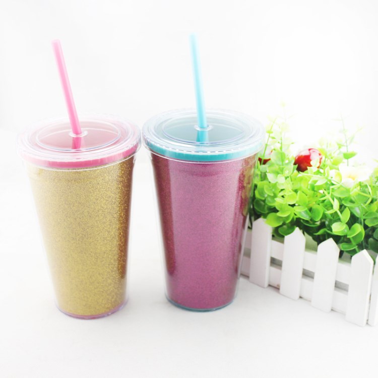 供應(yīng)AS雙層塑料杯帶吸管 16OZ 可插放廣告紙 食品級飲料咖啡杯