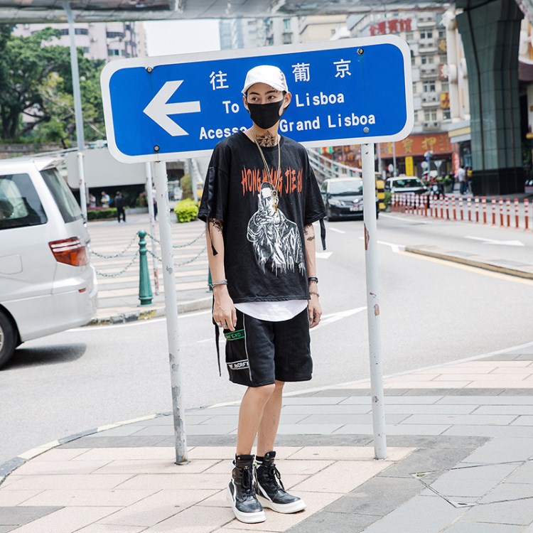 原創(chuàng)歐美街頭潮流嘻哈說唱搖滾寬松oversize半袖T恤 潮男女情侶裝