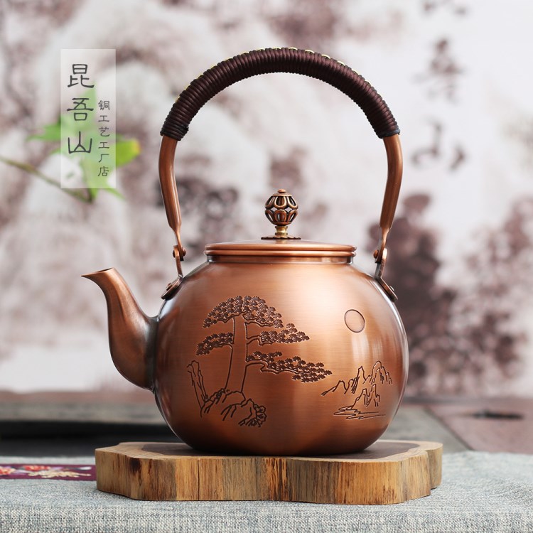 印花 手工老銅壺燒水壺紫銅茶壺復古養生功夫煮茶日本茶道茶器