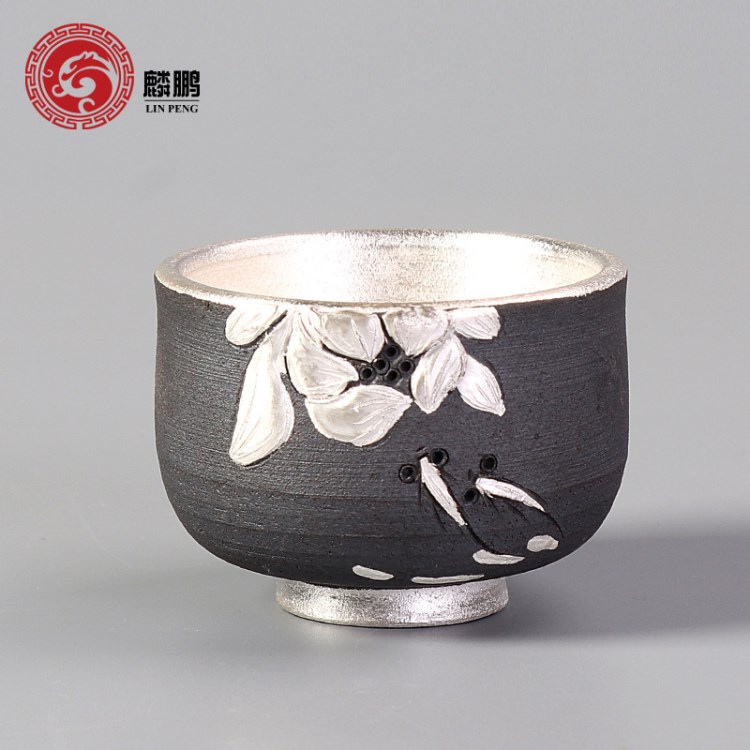 銀茶杯銀999粗陶茶杯日式大號復(fù)古家用陶瓷功夫茶杯單杯品茗杯