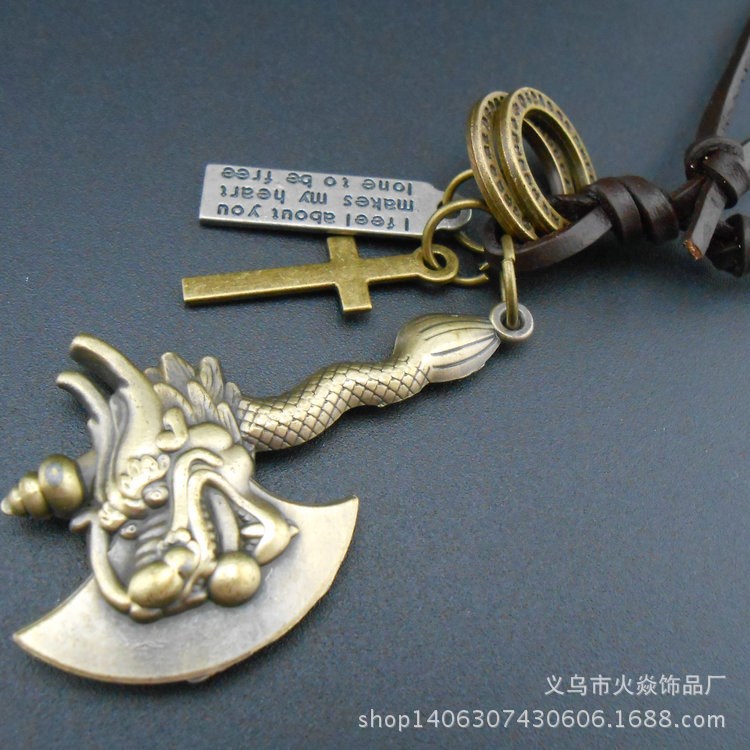 2016新品 長款牛皮項(xiàng)鏈 歐美復(fù)古毛衣鏈 龍頭斧頭彎刀配飾 可批發(fā)