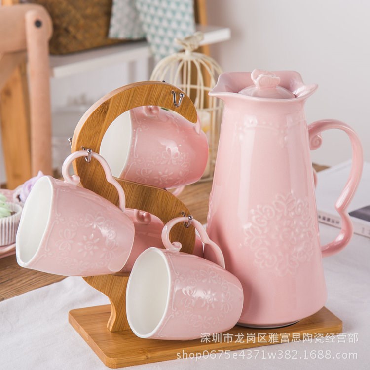 家用水杯套裝陶瓷客廳杯子托盤水具歐式耐熱茶壺茶杯冷水壺禮盒