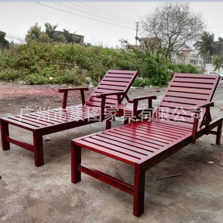 別墅實木沙灘躺椅 游泳池休閑躺床 帶扶手木制躺椅