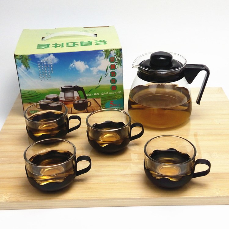 耐熱玻璃茶具泡茶壺五件套水具五件套無(wú)過(guò)濾網(wǎng)新款套裝如意花茶壺