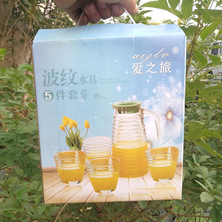 廠家直銷波紋水具五件套  玻璃冷水壺螺紋水具茶具三件套禮盒套裝