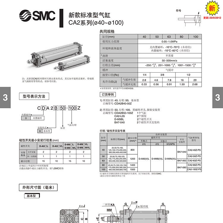 CA2系列SMC氣缸日本原裝CDA2B50-100Z標(biāo)準(zhǔn)型氣缸深圳批發(fā)
