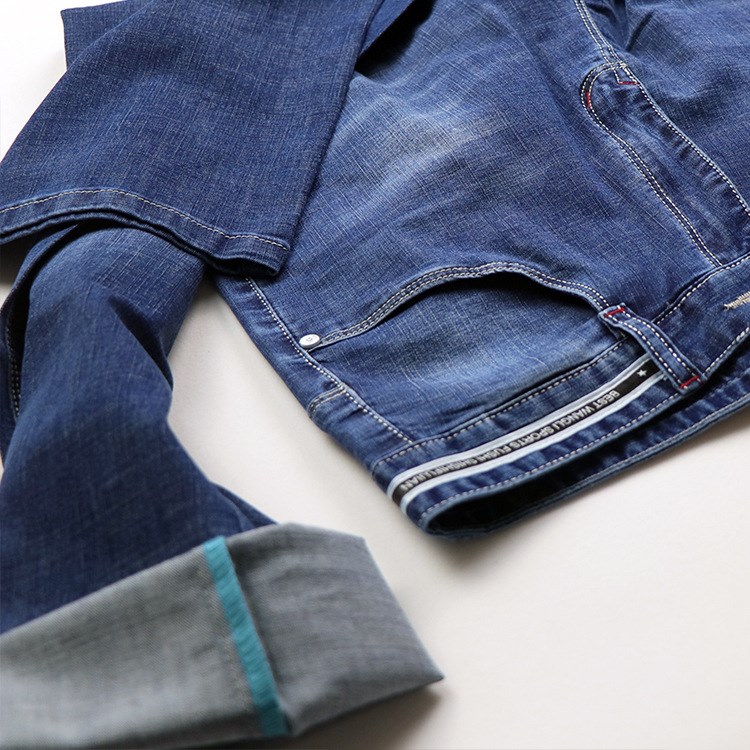 百搭彈性男士牛仔褲新款字母腰帶寬松直筒藍色彈力薄款2018春季