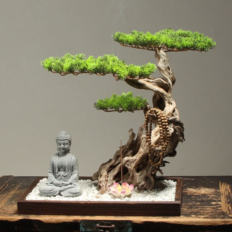 仿真崖柏葉根雕盆景擺件 中式客廳玄關景觀禪意木質(zhì)工藝品軟裝