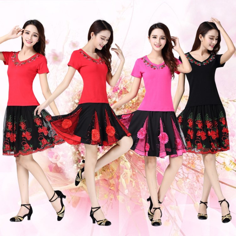 2016夏季新款廣場(chǎng)舞服裝繡花款短袖套裝中老年舞蹈服跳舞衣服女