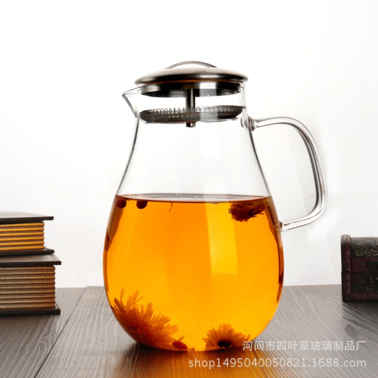 耐熱玻璃壺 1900ml水滴型花茶壺 廠家直銷涼水瓶 不銹鋼蓋 帶把