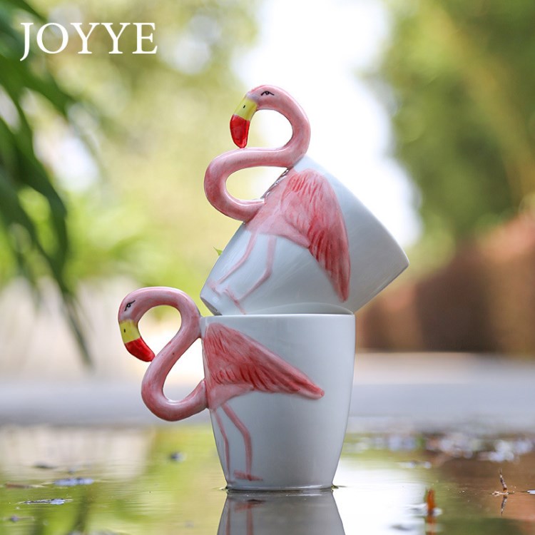 joyye動物造型浮雕火烈鳥馬克杯創意把手紅色禮品手繪陶瓷杯子