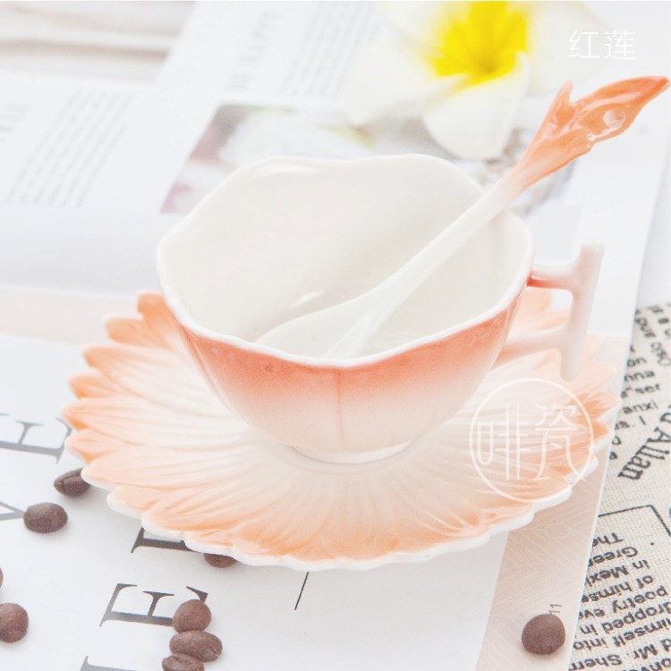 紅蓮 骨瓷精品手沖咖啡陶瓷杯碟 禮盒裝配陶瓷小勺手繪色釉