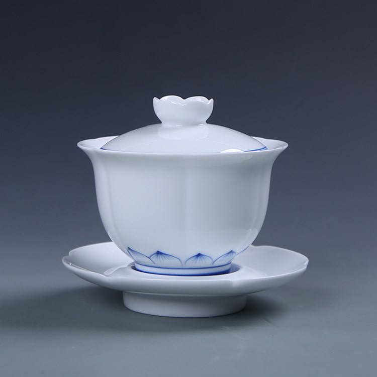 景德鎮陶瓷手繪蓮花復古白瓷功夫茶具泡茶杯茶碗三才蓋碗大號