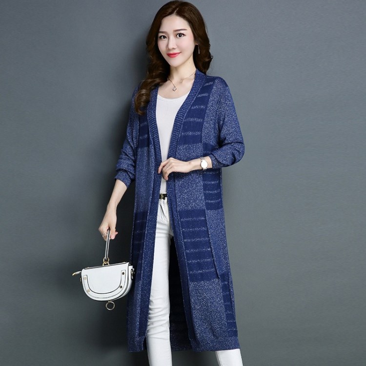 2018早春装新款亮丝中长款针织衫女开衫外搭薄款毛衣外套韩版披肩