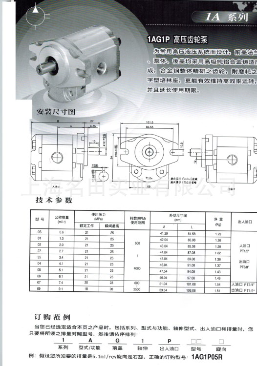 1AG1P05R齿轮泵 台湾产 质量
