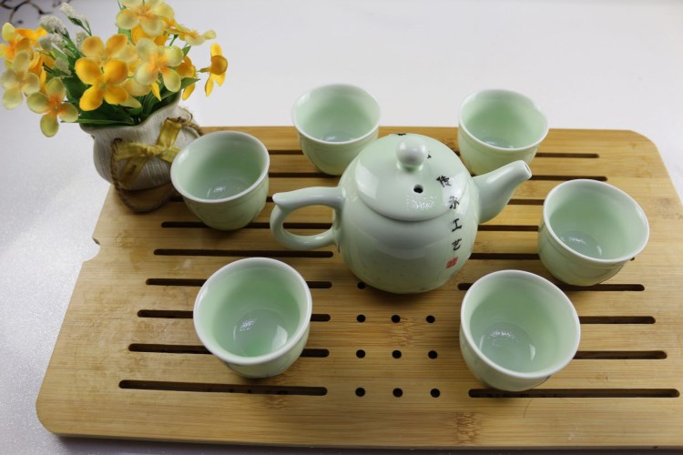 低价批发茶具礼盒套装 七头茶具 创意青瓷茶具 7头海浪绿色茶具