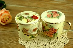 韓國(guó)金玫瑰 Queen Rose鍍金 玫瑰陶瓷杯子 帶蓋情侶杯 2P