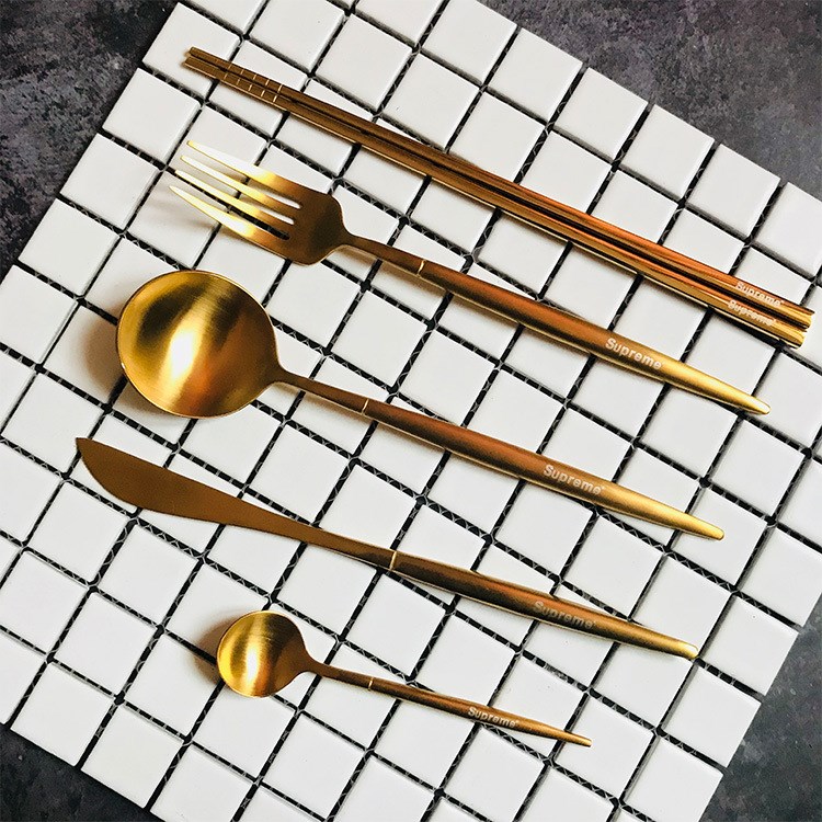 潮牌sup北歐風格刀叉勺筷子五件套霧面鍍金拉絲西餐餐具禮品