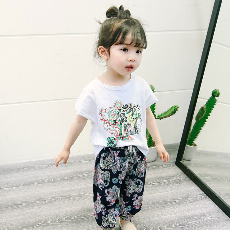 童裝童2018夏款韓版女童大象套裝印花T恤+褲子兩件套一件代發