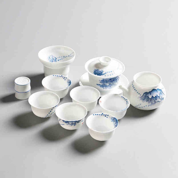 手工繪畫浮雕功夫茶具套裝 整套陶瓷高白蓋碗茶壺茶杯 禮盒送禮