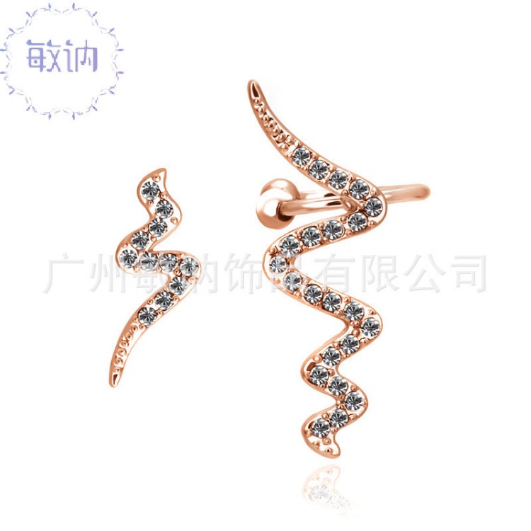 外貿(mào)爆款首飾 歐美流行蛇形不對(duì)稱耳釘 鑲水晶鍍金耳飾批發(fā)
