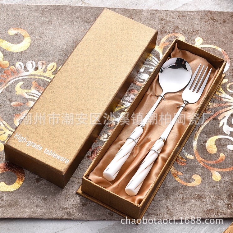 潮柏不銹鋼刀叉勺餐具套裝公司禮品螺紋陶瓷手柄兩件套Spoon