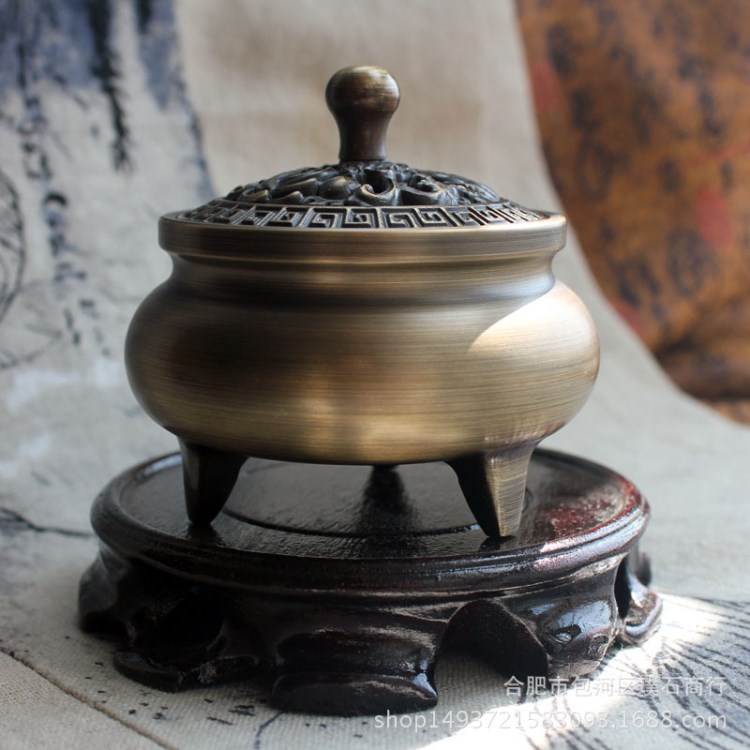 黃銅 仿古拉絲 單龍戲珠 三足小香爐 大明宣德?tīng)t 批發(fā)
