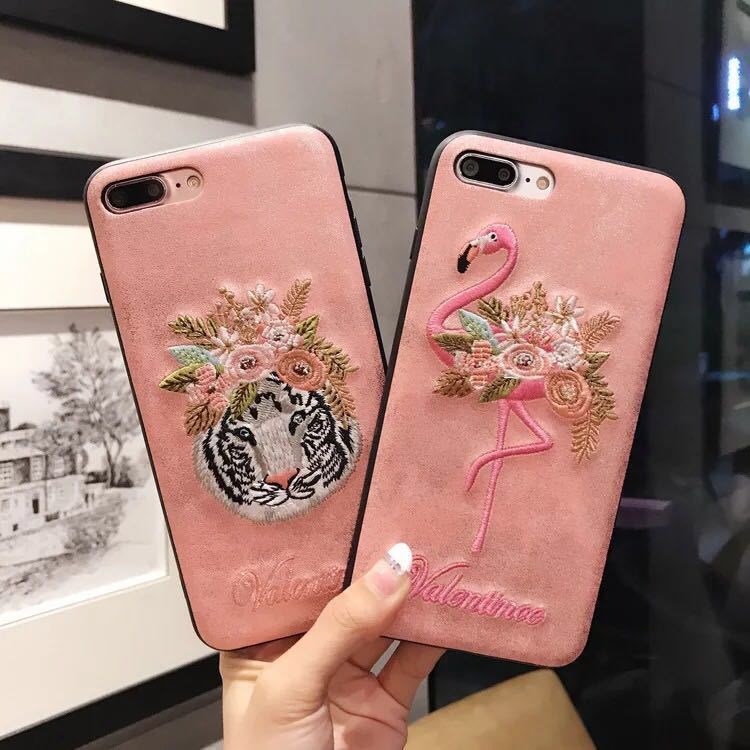 新款iphoneX卡通刺繡火烈鳥手機殼貼皮全包6s/7/8plus防摔動物殼
