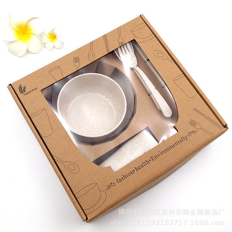 小麥秸稈餐具套裝便攜式餐具三件套碗杯碟小麥6件套環?？山到?
                                                         style=