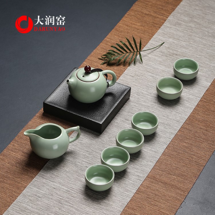 大潤窯 產(chǎn)地貨源云鼎汝窯茶具套裝10頭禮盒中秋禮品logo定制