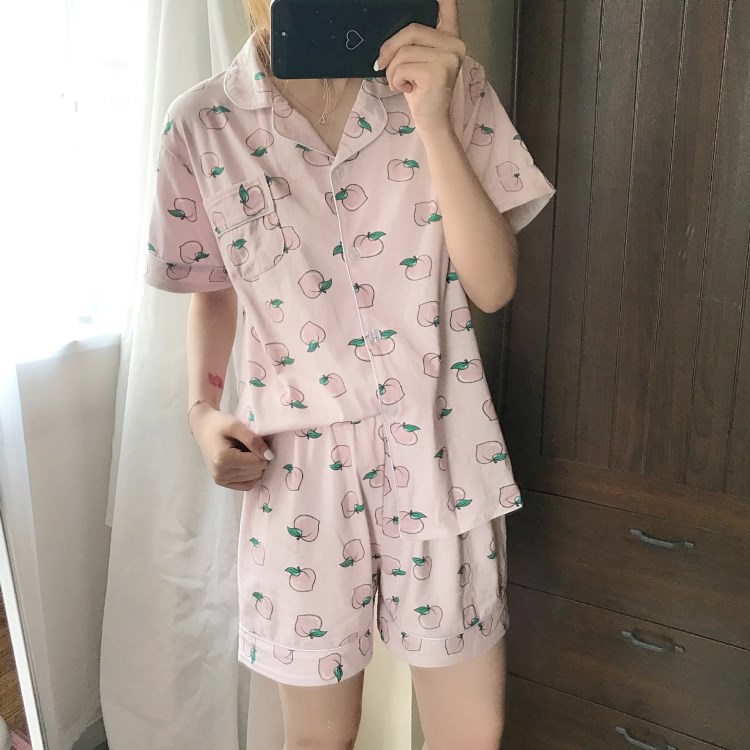 夏季新品2018甜美開衫女寬松舒適旋律二桃子印花睡衣家居服兩件套