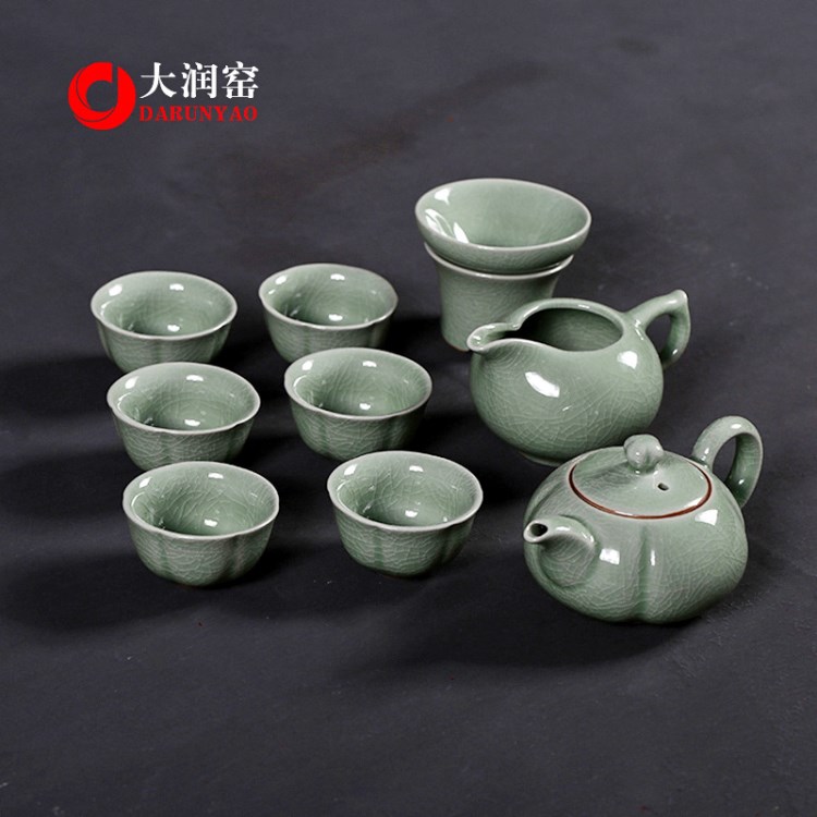 大潤窯 10頭哥窯茶具套裝汝州功夫陶瓷整套禮品茶具批發(fā)定制LOGO