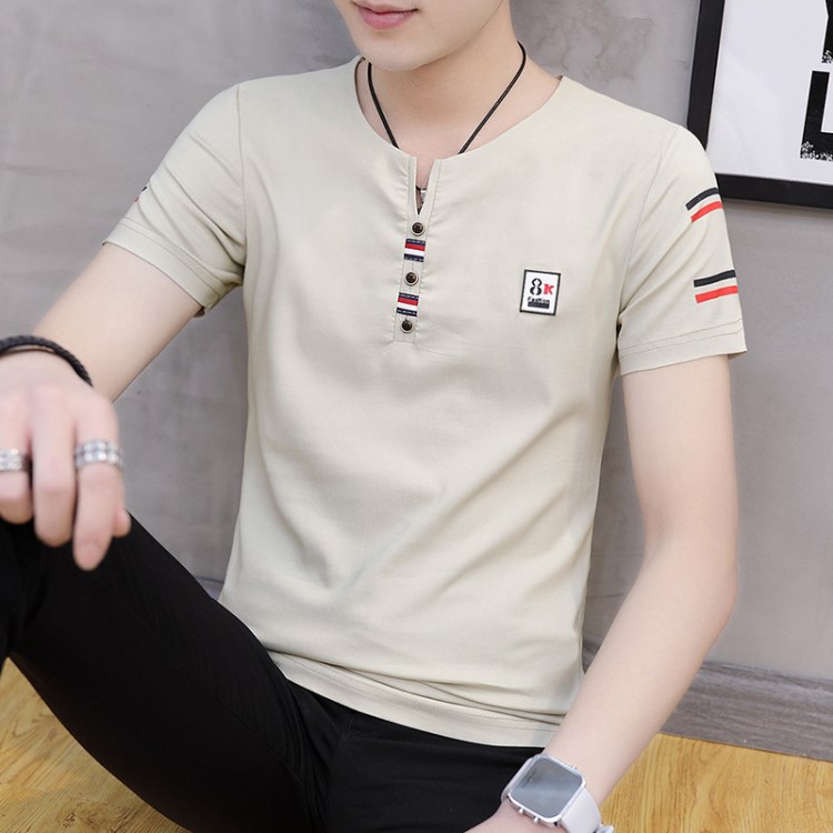 青少年V領(lǐng)t桖套頭棉印花短袖男 18夏季新品韓版修身半袖體恤男