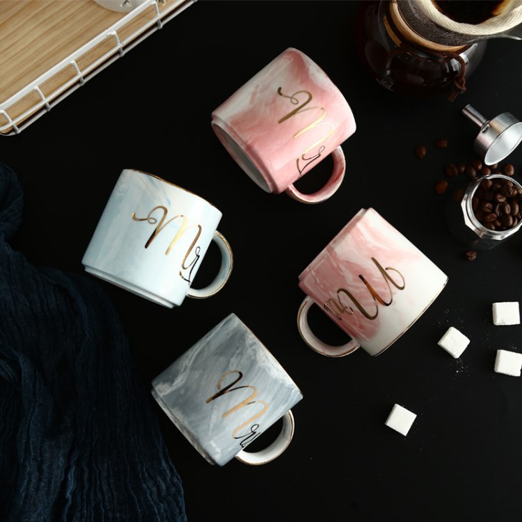 創(chuàng)意歐式大理石紋馬克杯金邊陶瓷杯子辦公室水杯咖啡杯情侶對杯