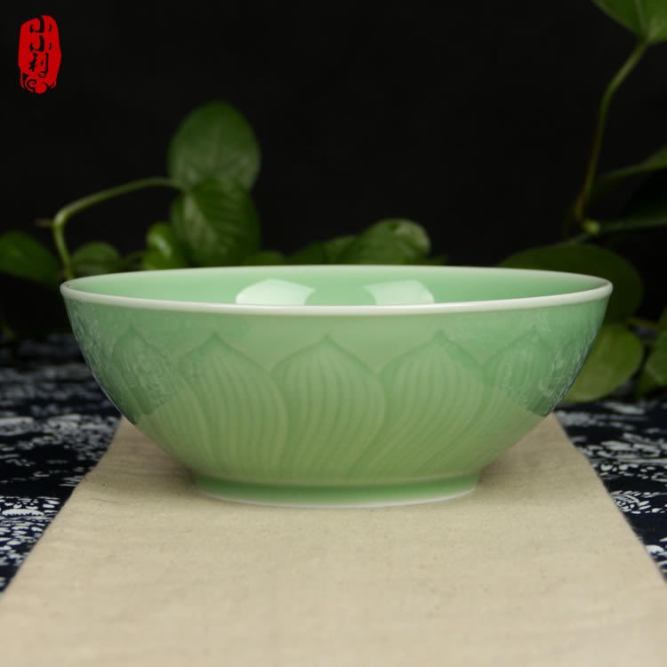 包郵小小利中式面碗 綠色餐具 餃子碗創意碗7英寸湯面碗 陶瓷大碗