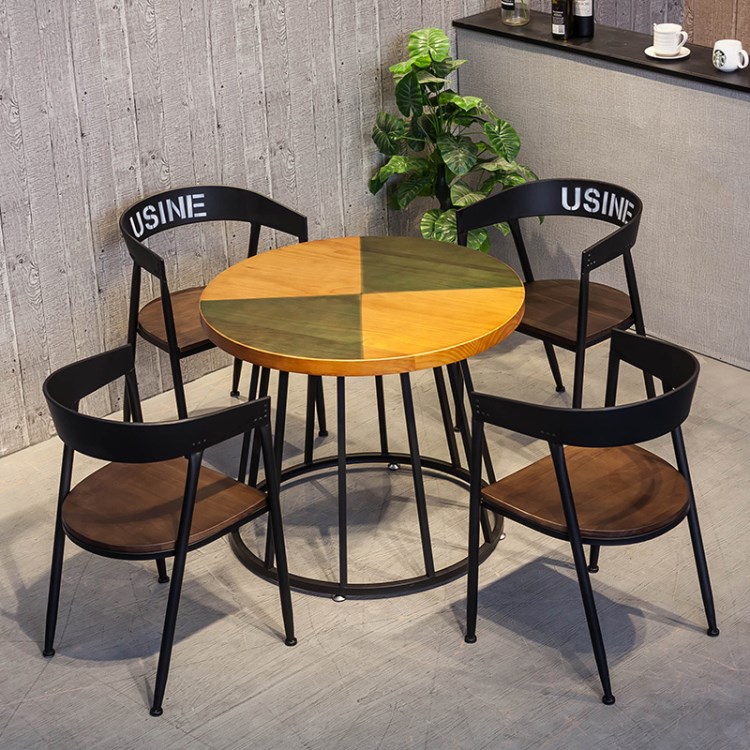 厂供美式实木家用圆形餐桌 特色咖啡桌椅组合 休闲吧奶茶店圆桌子