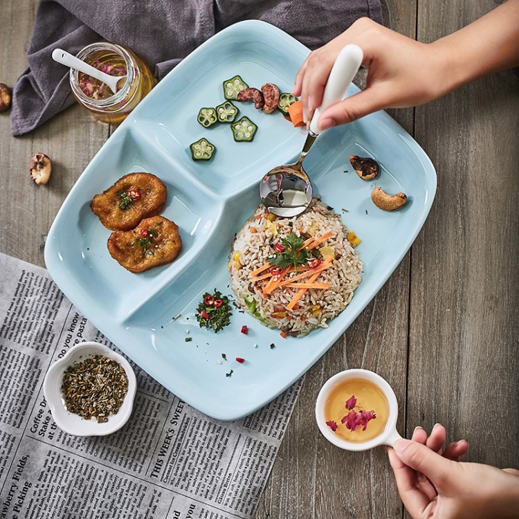 批發(fā)日式早餐盤分格盤子陶瓷食堂分餐盤兒童餐盤學生餐具套裝單人