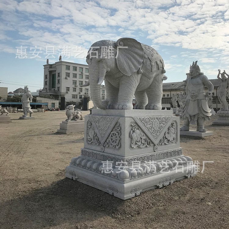 寺廟門口的石雕動物大象擺件 廠家浮雕加工定做 漢白玉石象